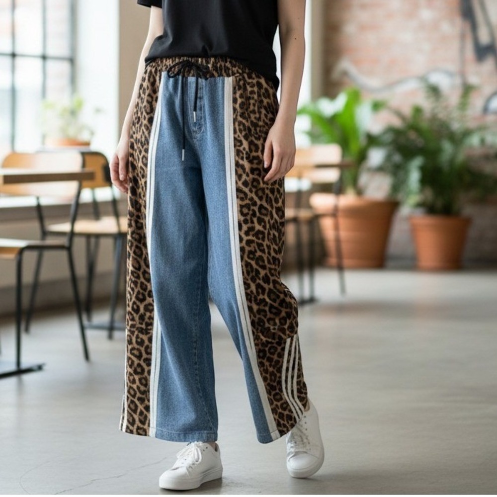 Kate Hewko Mixed Media Denim Leopard Print Pants Womens S Blue Brown Wide Leg